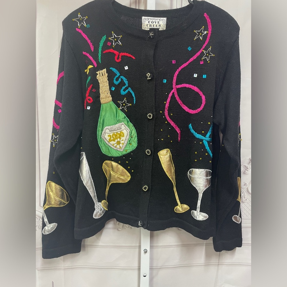 Cove Creek New Years Embroidered Beaded Vintage Large Sweater Cardigan